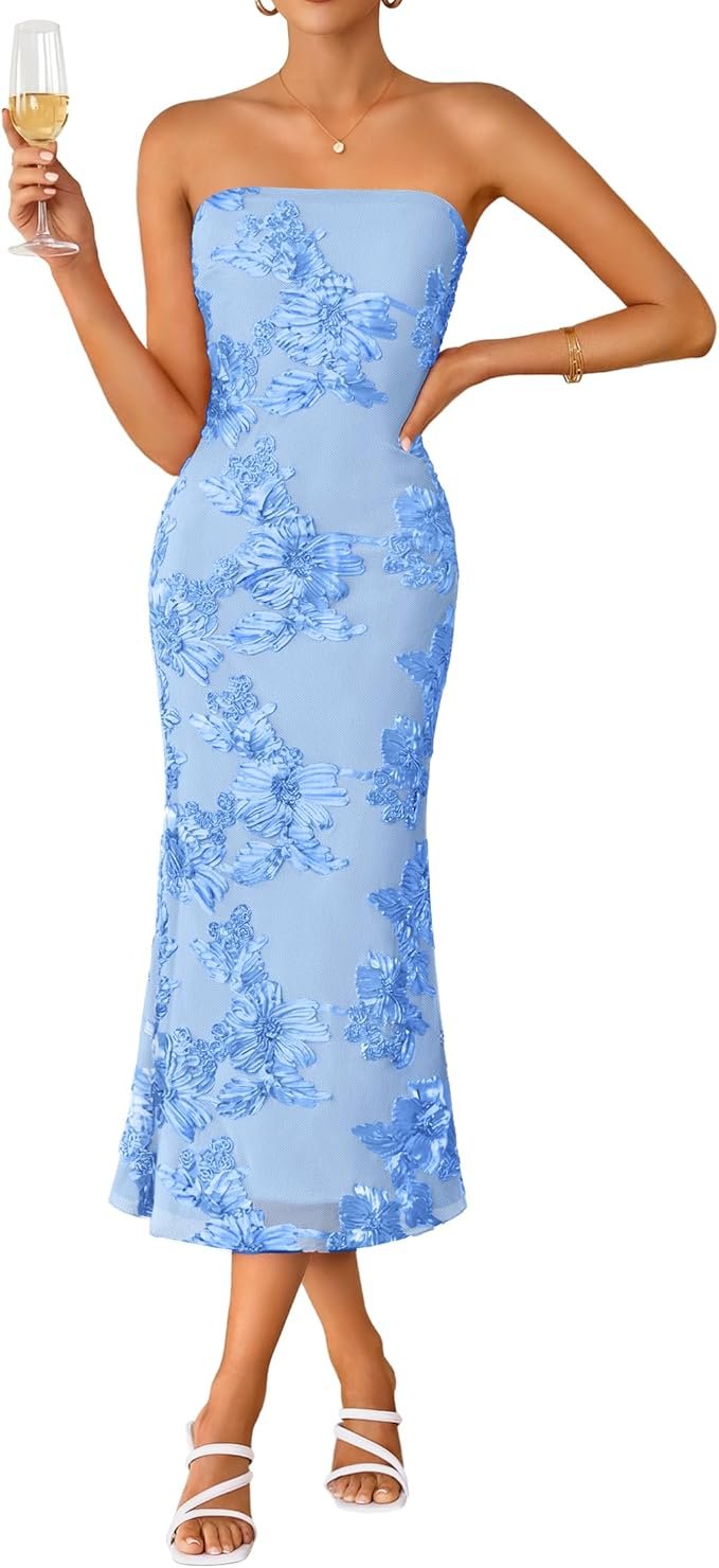 Zesica strapless floral bodycon mesh midi dress cocktail wedding guest
